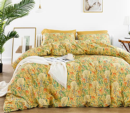 SUSYBAO Yellow Botanical Duvet Cover Set 100% Cotton Animal Print Bedding 3 Pieces Set Queen Size 1 Duvet Cover 2 Pillowcases Floral Comforter Cover with Zipper Ties Luxury Quality Soft Breathable