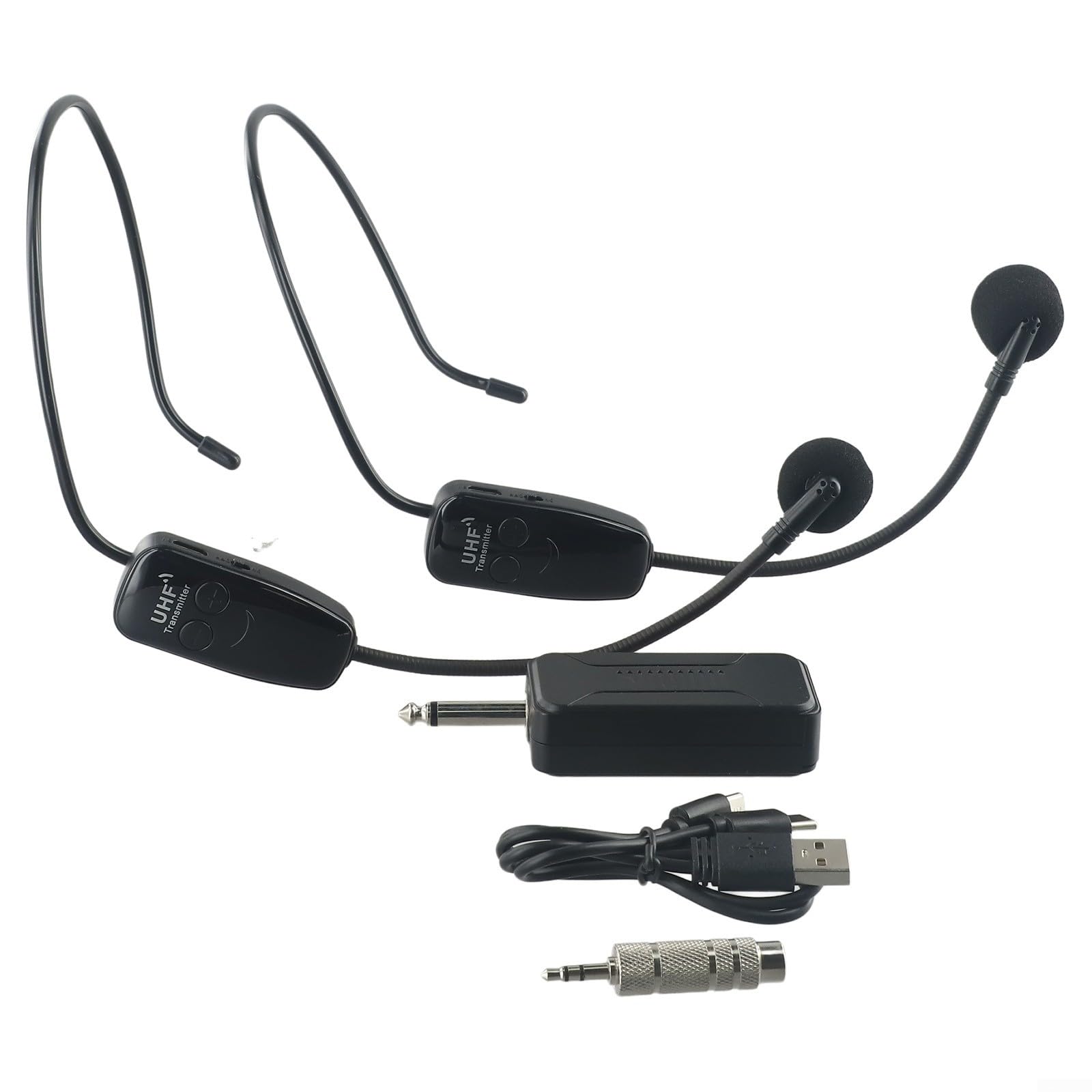 Sistema microfonico wireless UHF, doppio microfono auricolare ricaricabile, portata 50 m, per insegnare lo yoga (U12F)