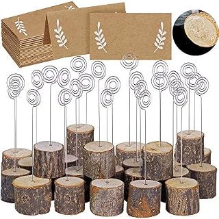 30 Pcs Rustic Wood Place Card Holders with Swirl Wire Wooden Bark Memo