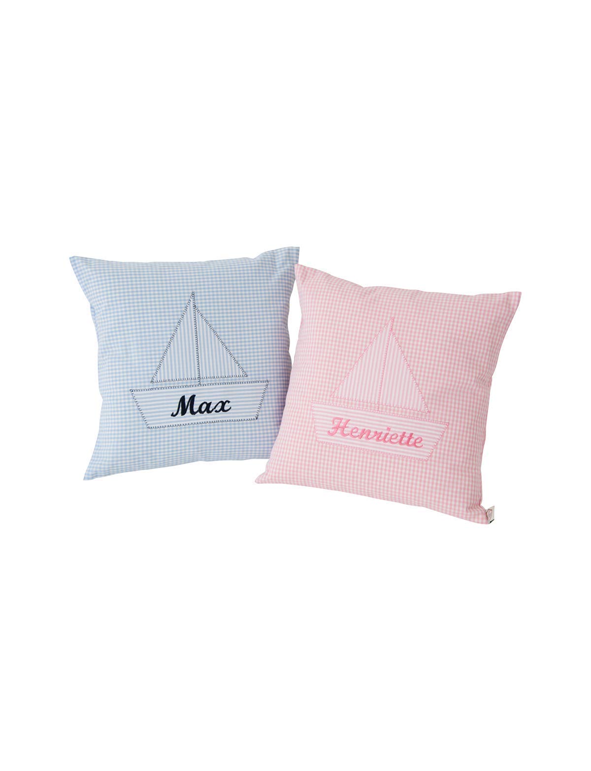 Kissen personalisiert VICHY hellblau mit Segelboot von paula & ferdinand - Kissen mit Name - Geschenk zur Geburt und Taufe