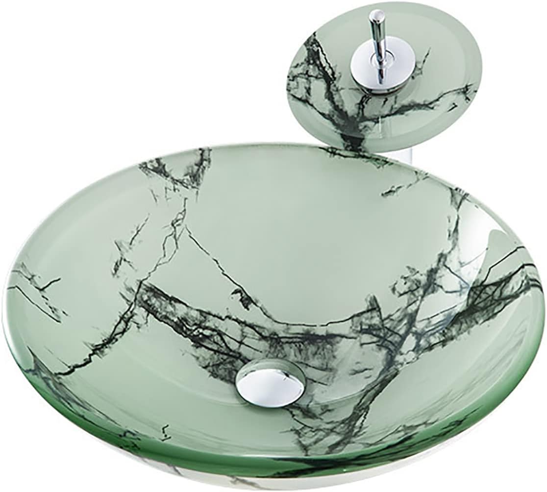 Bathroom Vessel Sink Tempered Glass Washroom Above Counter Artistic Bowl Basin Vanity Sink with Waterfall Faucet Set And Pop Up Drain Set,Green
