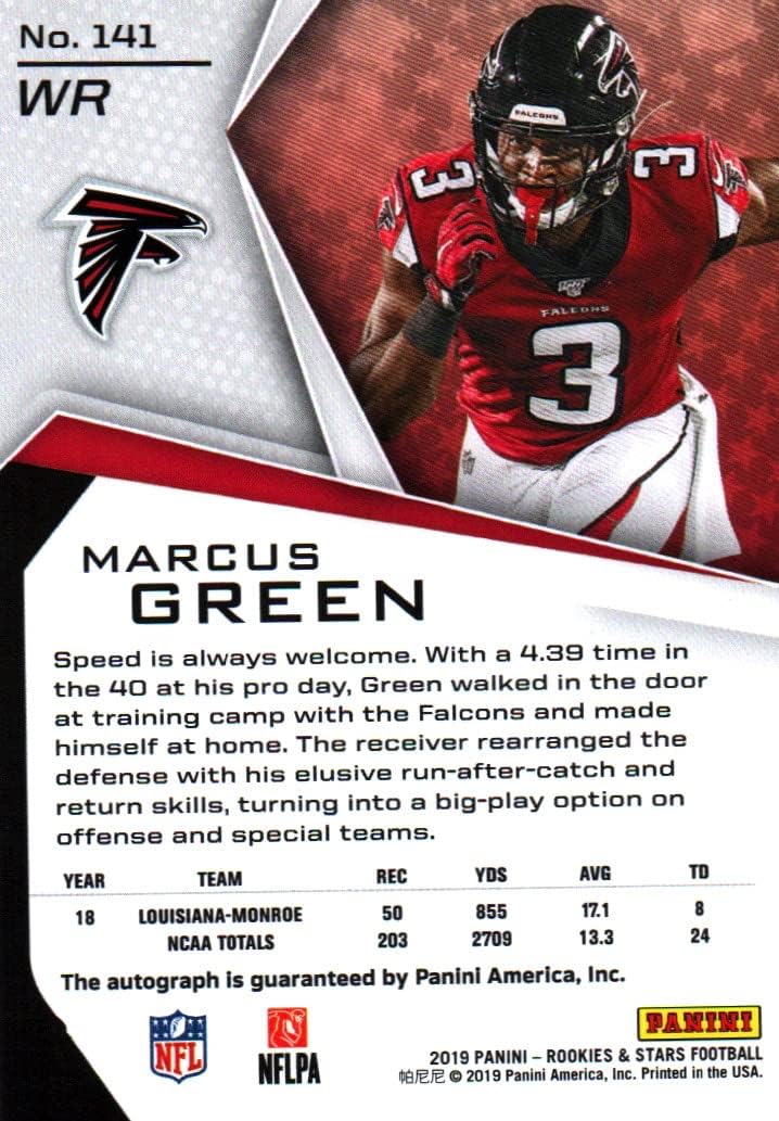 Marcus Green Autographed Rookies & Stars Rookie Card Collectible Football Card - 2019 Panini Rookies & Stars Football Card #141 (Falcons) Free Shipping & Tracking