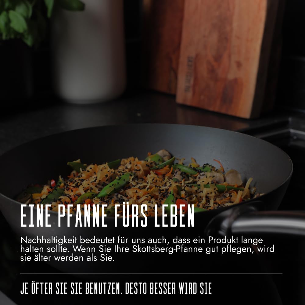 SKOTTSBERG Carbonstahl Wok - Ø 24 cm – vorgebrannt & PFAS‑frei, 2,5 mm Boden, hitze- & Kratzfest - für Induktion, Gas, Ceran, Grill & Ofen