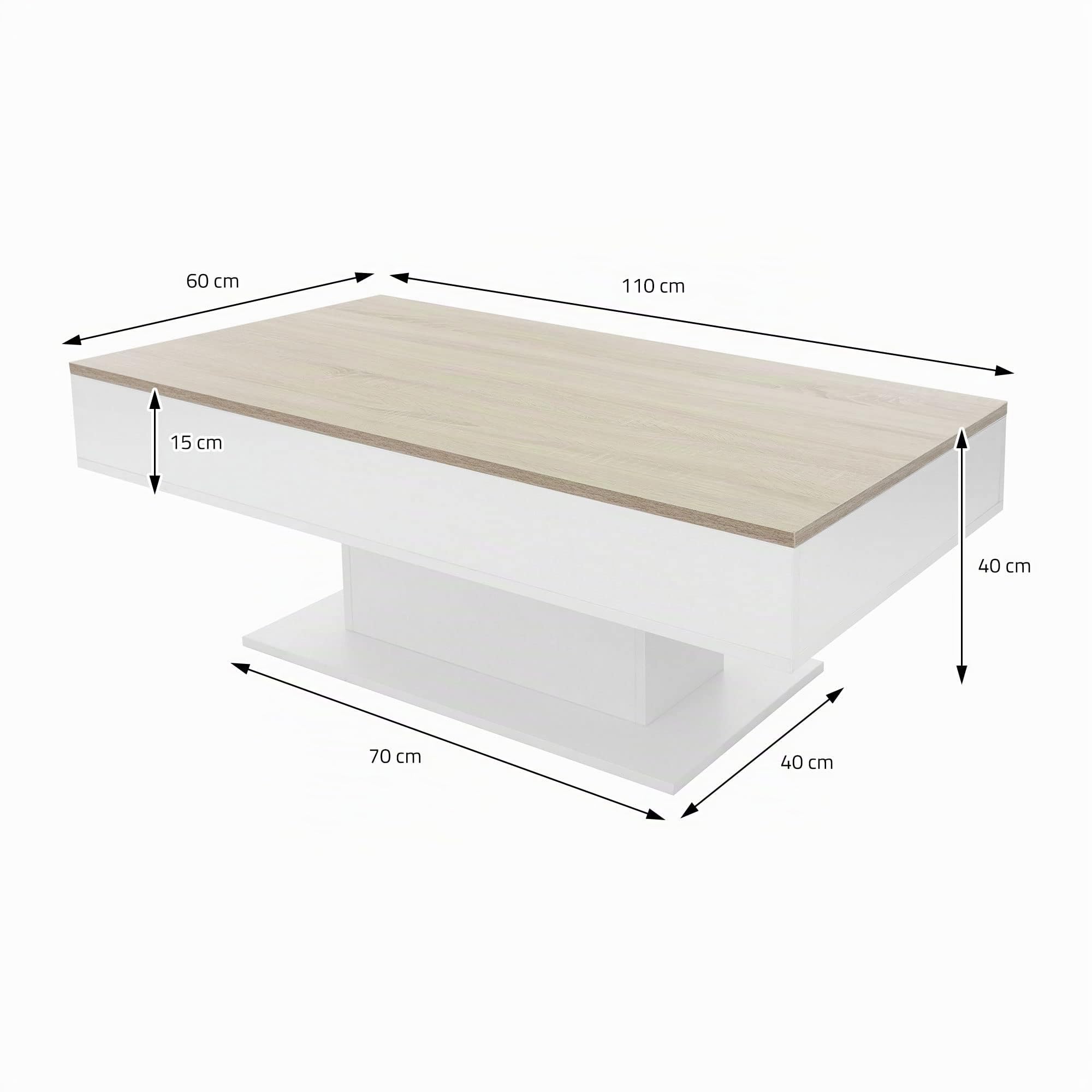 ML-Design Mesa de Centro Baja con 2 Compartimentos de Almacenaje 110 x 60 x 40 cm Tablero Elevable Blanco con Aspecto Madera de Roble Tablero de Partículas Revestido de Melamina Mesita Auxiliar Arcón