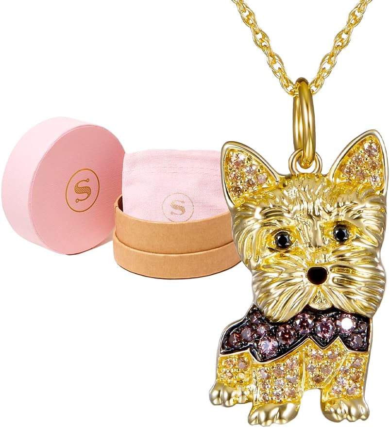 SCAMPER & CO Dog Breed Cubic Zirconia Puppy Charm Pendant Necklaces for Women - Genuine Gemstone with Elegant Backplate, Premium Plated Sterling Silver Necklace for Women Easy Closure 18 to 20 inch