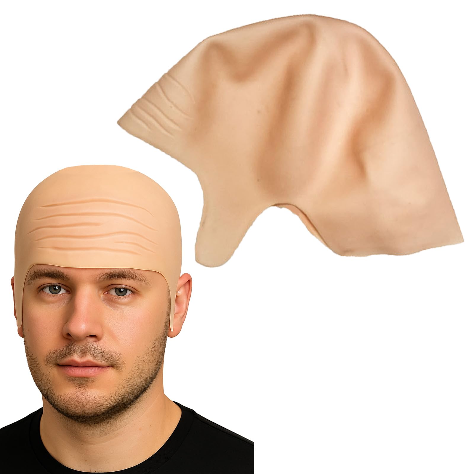 MUNSKT Latex Bald Cap with Long Ear, Full Cover Realistic Head Skull Wig, Thick Skin Fancy Dress Cosplay Hat, Bald Costume Accessory for Kids Adults Men Women Halloween Carnival