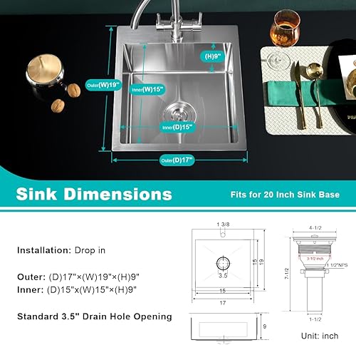Miniatura 38 de Fregadero de cocina pequeño de acero inoxidable con caída de 20 pulgadas, níquel cepillado, 20 pulgadas de profundidad x 16 pulgadas de ancho x 9