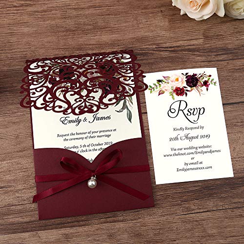 image for DreamBuilt 4.7X7 Inch 50PCS Blank Laser Cut Burgundy Wedding Invitatio