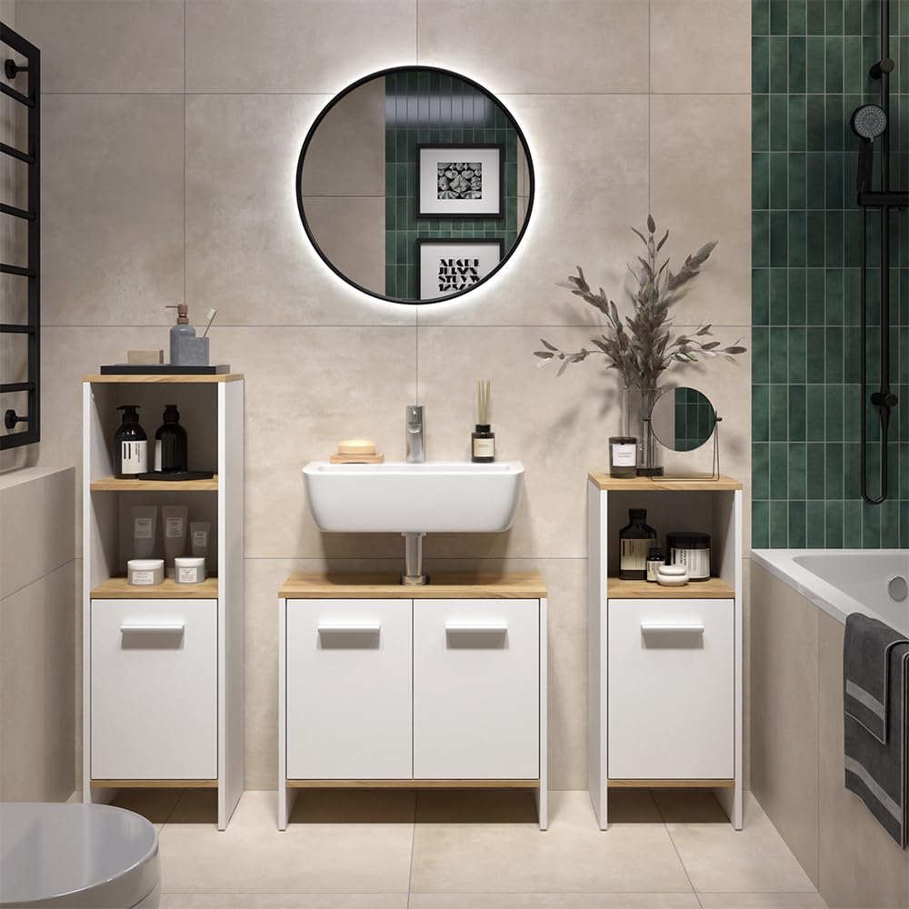 Vicco Ensemble de Meubles de Salle de Bains Karli, Chêne Blanc/Force de l'or, 131.4 cm, composé d’Un Meuble sous-lavabo, d’Une Armoire de Toilette et d’Une Colonne