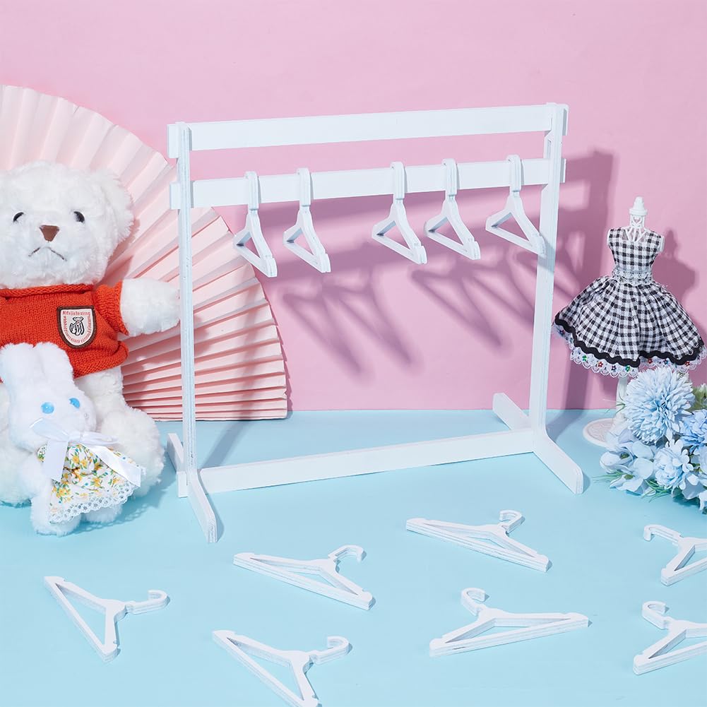 UNICRAFTALE High Mini Dolls Garment Rack with 15Pcs Wooden Clothes Hanger Small Dolls Clothes Rack White Mini Doll Closet Doll Clothes Storage Dollhouse Furniture for Dollhouse Cat and Puppy 30cm - Image 2