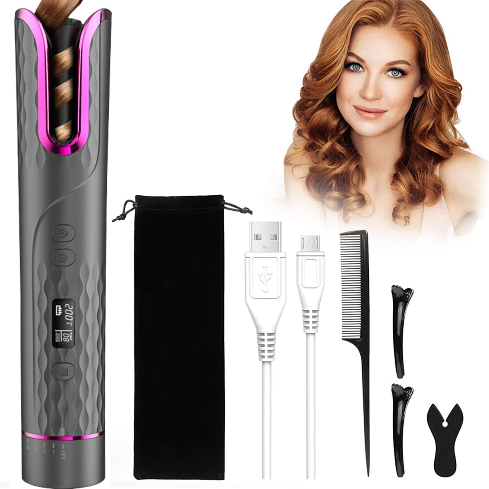 MAKINGTEC Automatic Hair Curler, USB Rechargeable Rotating Hair Curler, Cordless Hair Curler with 4 Adjustable Temperature LCD Display 6 Timer Settings Curling Iron Hair Curlers for Girl Hair