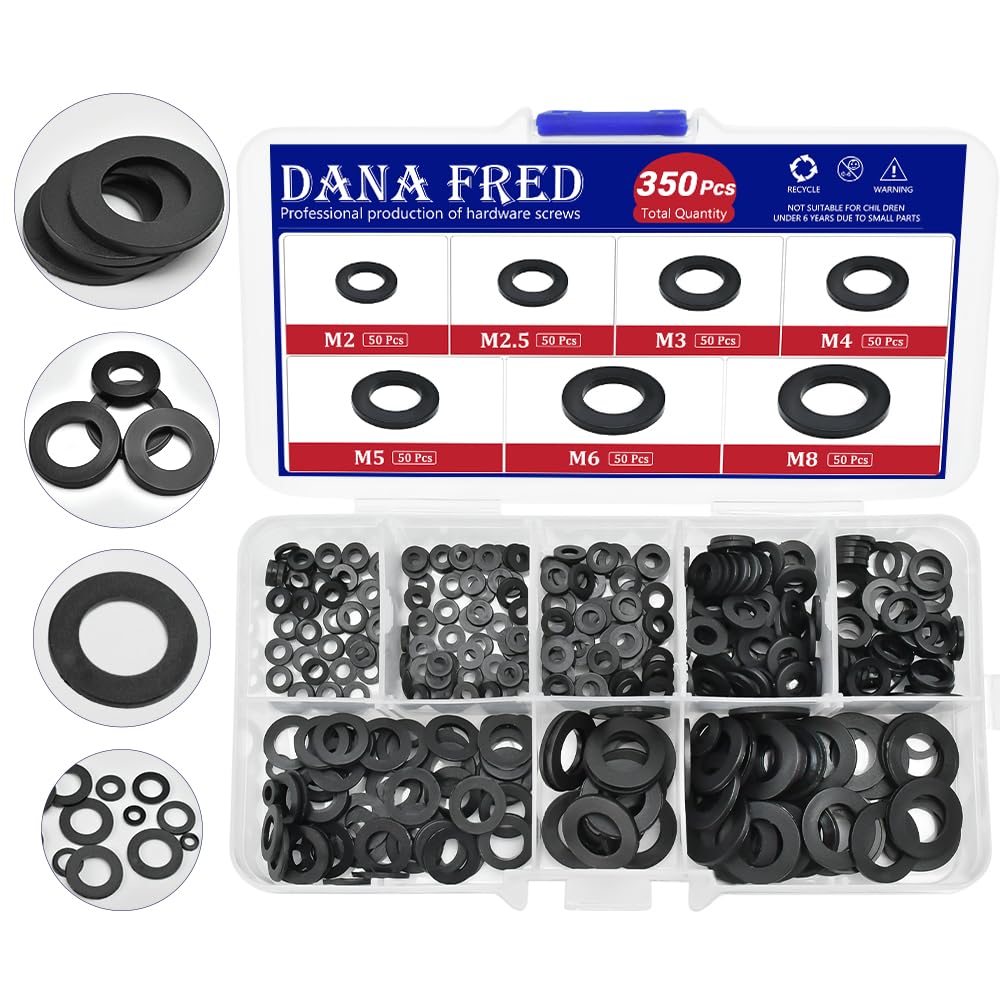 350pcs Black Nylon Flat Round Washer Spacer,7 Sizes M2-M8 Black Flat Washers Assortment Kit,Countersunk Plastic Spacer Thickness Gasket Ring Hardware Tool Fastener for Screw M2 M2.5 M3 M4 M5 M6 M8