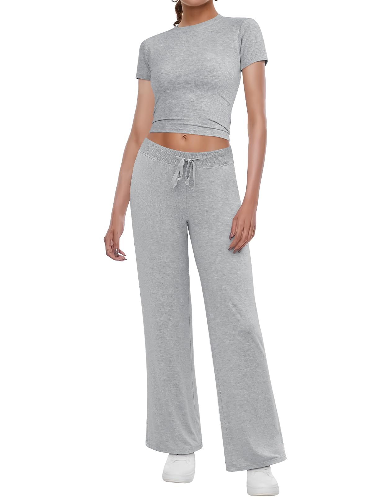 heekpek Conjunto Dos Piezas Mujer Verano Casual Conjunto Mujer Pantalon y Camisetas Manga Corta Top Suave Cómodo Elástico Conjunto Chándal Mujer