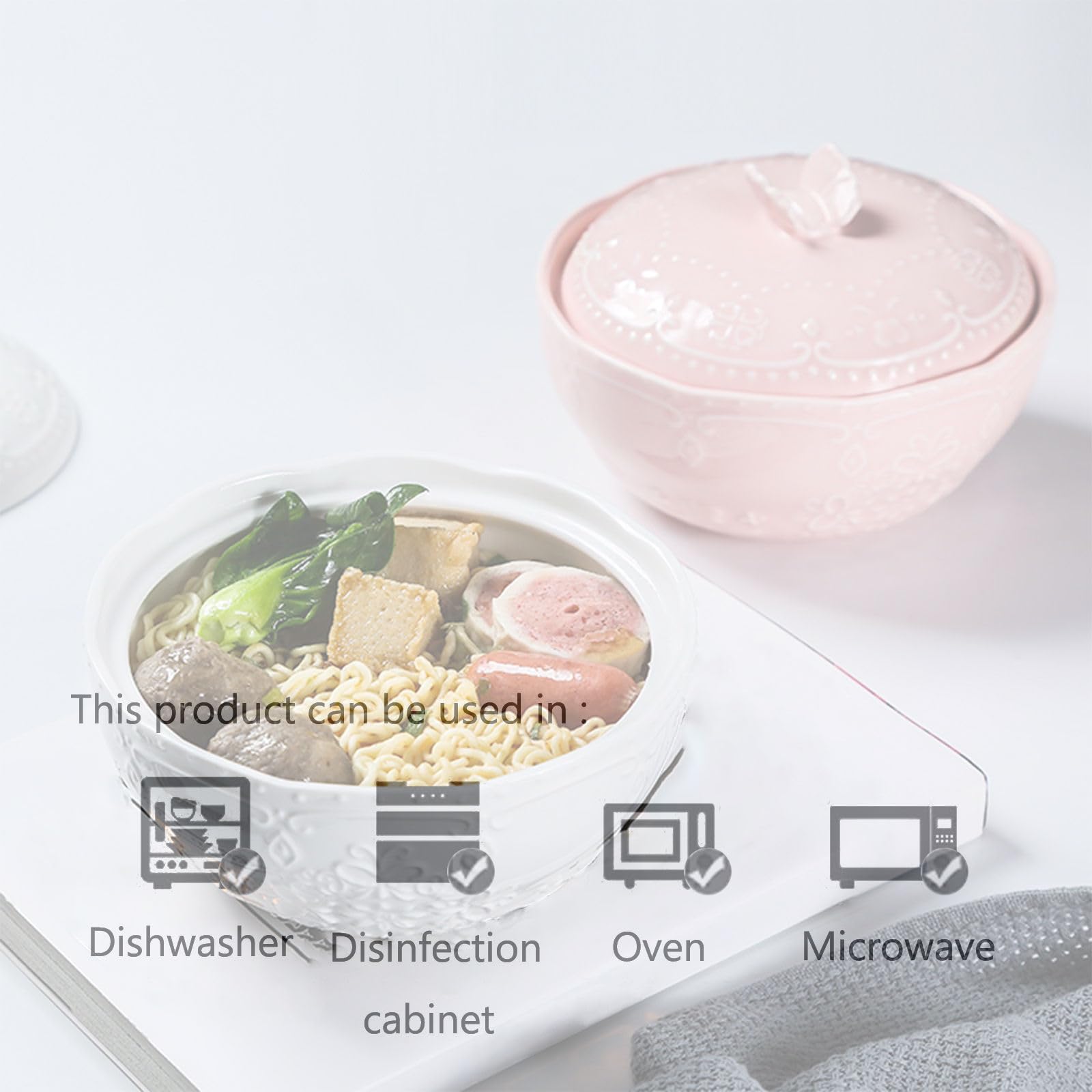 Ciotola da zuppa con coperchio, ciotola bassa, ciotola per noodle, ciotola per ramen in ceramica, ciotole Pho grandi (rosa, 680 g)