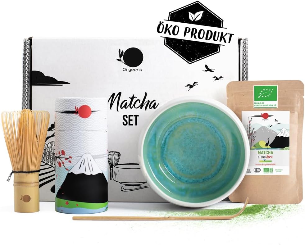 ORIGEENS MATCHA SET MIT PULVER - Handgefertigte Matcha-Schale (Portugal), Matcha-Besen, Bambuslöffel, BIO Matcha-Tee aus Japan - Matcha Tee Set für Teezeremonie, Geschenkset