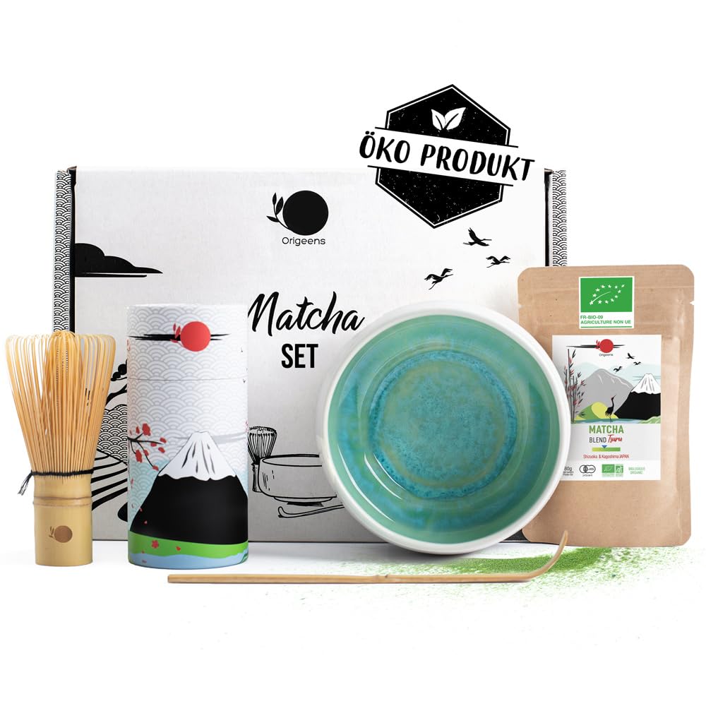 ORIGEENS MATCHA SET MIT PULVER "JADE" - Handgefertigte Matcha-Schale (Portugal), Matcha-Besen, Bambuslöffel, BIO Matcha-Tee aus Japan - Matcha Tee Set für Teezeremonie, Geschenkset