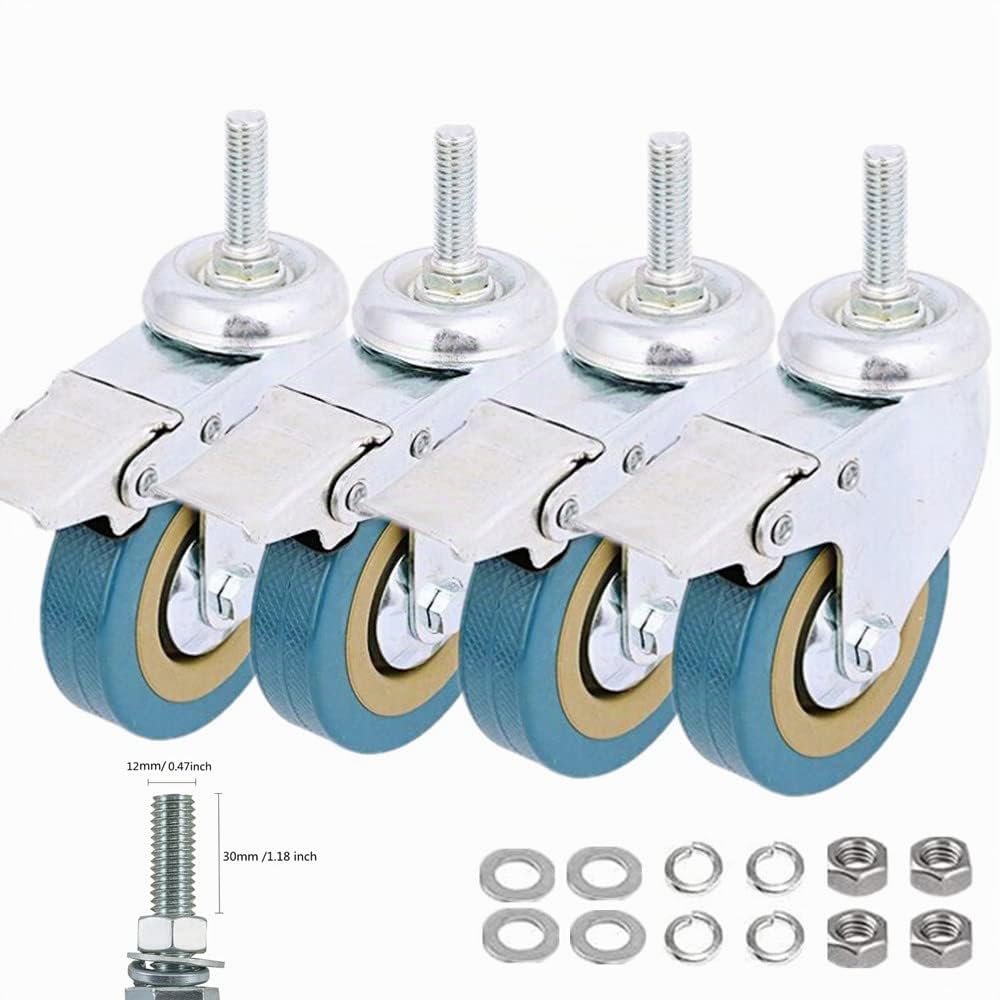 Lot de 4 roulettes pivotantes industrielles verrouillables avec tige filetée et pivotantes à 360 ° - Non marquantes - 7,6 cm - Avec frein - Pour chariots, meubles, chariots, chariots (M12)