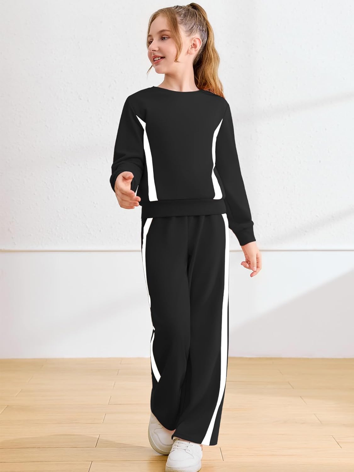 Haloumoning Girls 2 Piece Fall Outfits Color Block Sweatshirt and Elastic Wide Leg Sweatpants Clothing Sets 5-14 Years - Image 3