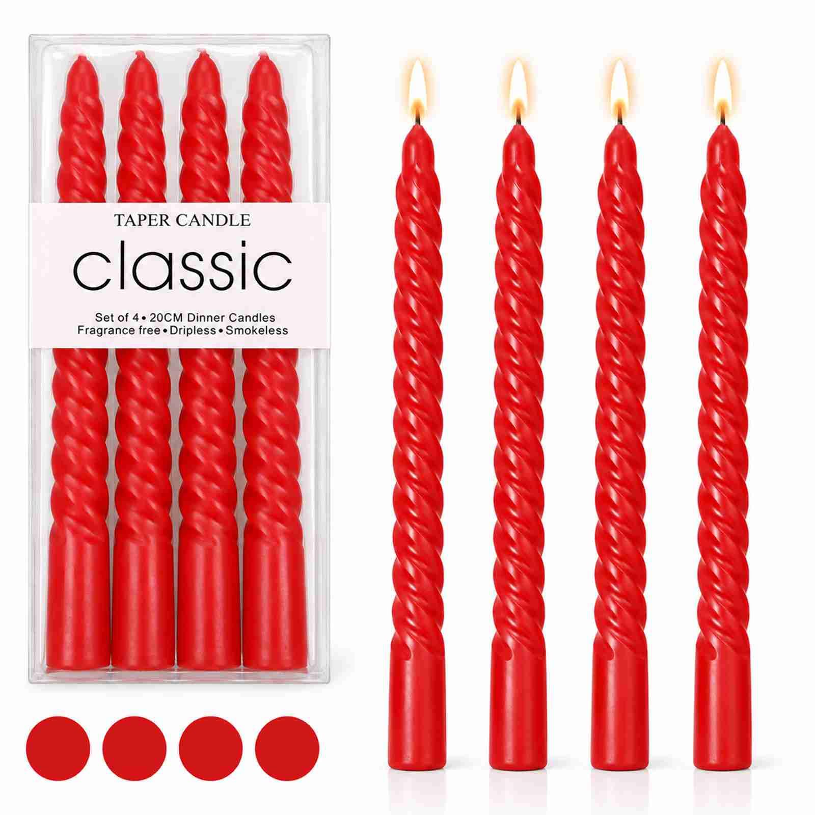 Twisted Taper Candles, Orange-Red Spiral Dinner Table Candles, 4-Pack