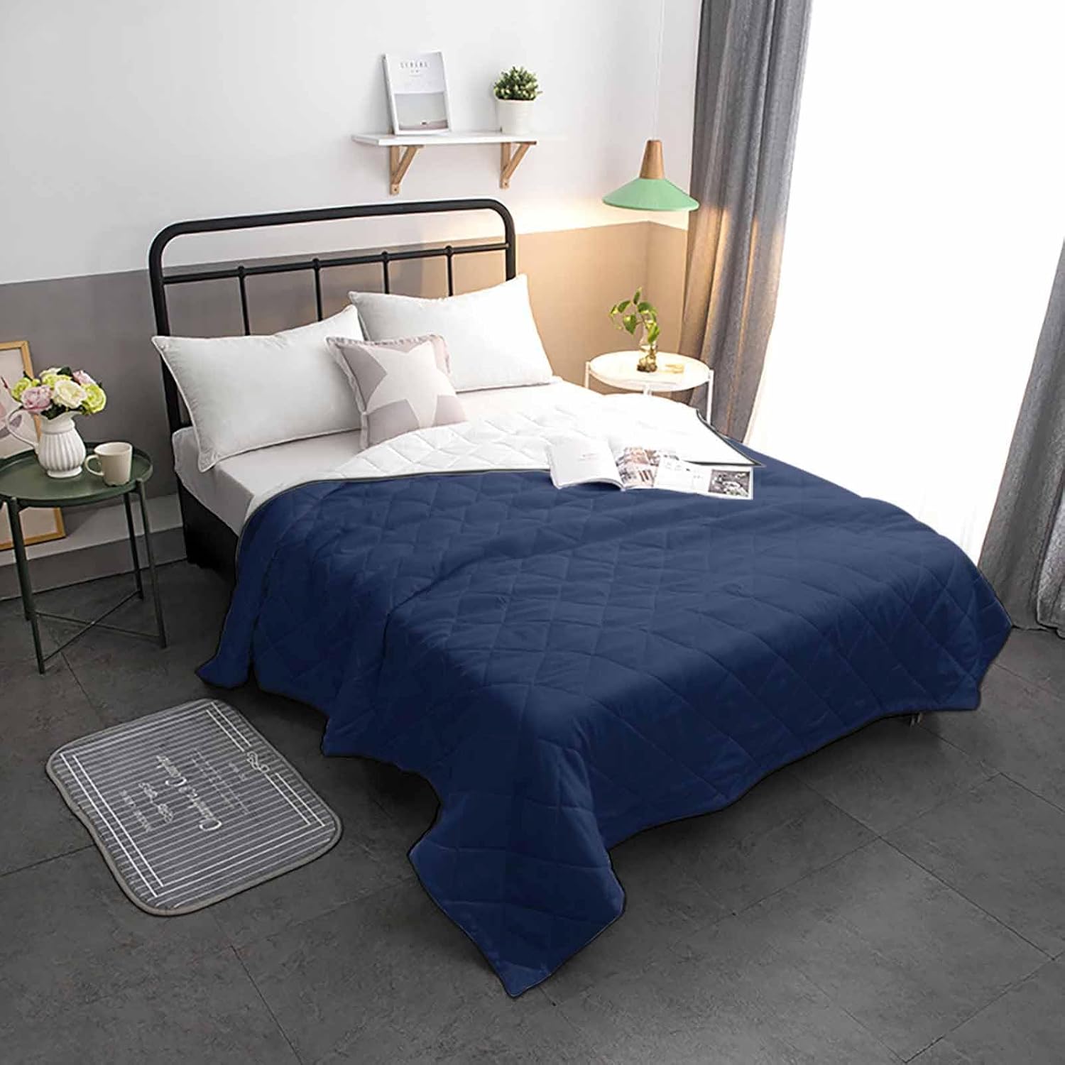 T&H XHome Quilt Oversized King Luxury Quilted Comforter Bedspread-Thin Soft Cozy, Navy Blue Solid Color Reversible Stitched Lightweight Quilt Coverlet for All Season