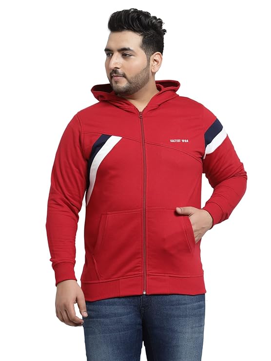 Men Full Sleeves Zipper Fleece Striped Hoodie(Red::White::Navy;7XL)