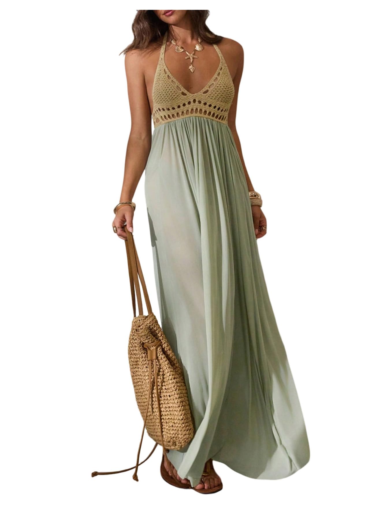 Women's Boho Halter See Through Flowy Vacation Beach Crochet Dress