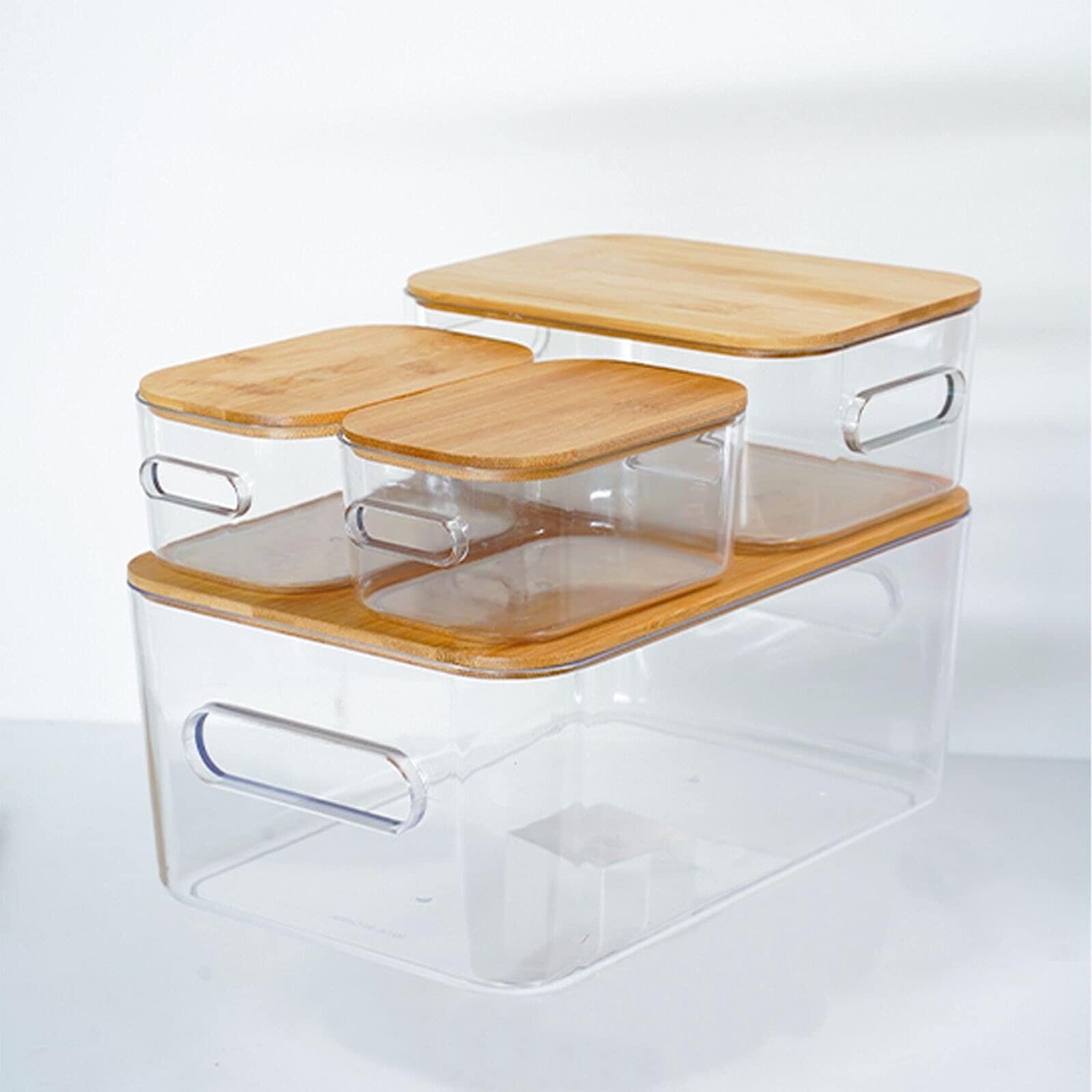 4 Pack Clear Plastic Storage Bins with Bamboo Lids, storage boxes ,Storage Containers, Medicine Cabinet,Organizer, picnic container,Bread Box for Kitchen,Cupboard, Pantry Shelves, bathroom in 3 sizes