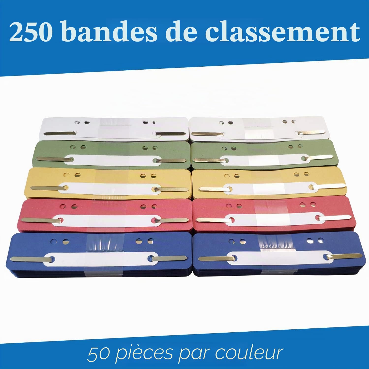 Lot de 250 Bandes agrafeuses Recyling en 5 couleurs, Attaches de classement différentes couleurs disponibles, bandes d'agrafage en carton, 10 paquets de 25