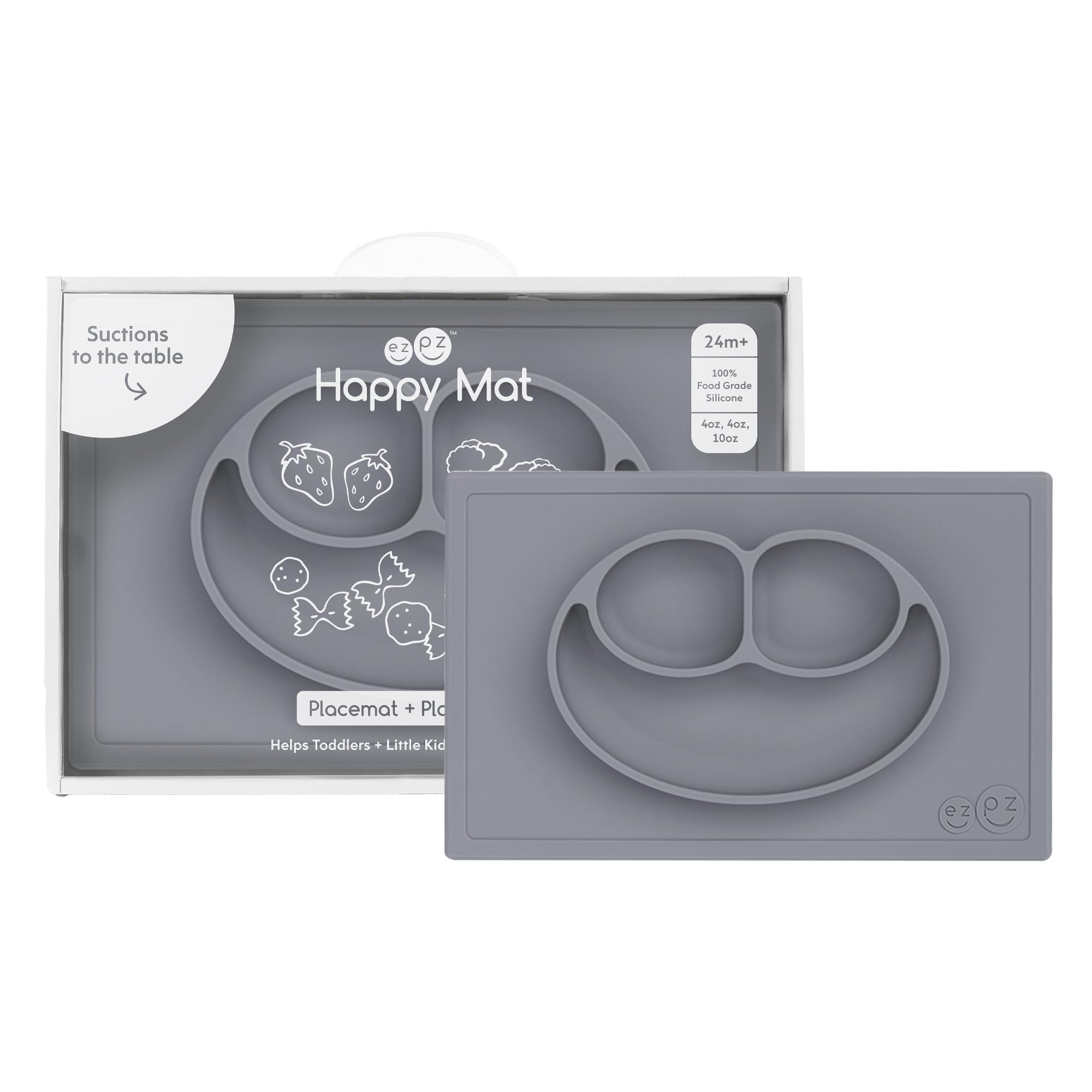 ezpz Happy Mat (Gray) - 24 Months+ - 100% Silicone Suction Placemat + Divided Plate with Three Compartments - Toddler + Preschool Essentials