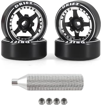 New 4 Pcs Rc Car Drift Wheels with Logo Tires for 1/28 Wltoys K969 K989 K929, [2N+2W] 4 Spoke Durable Aluminum Alloy Rc Drift Car Tires for 1/24 1/28 Mini-Q HGD1 HGV1 Upgrade Parts Black