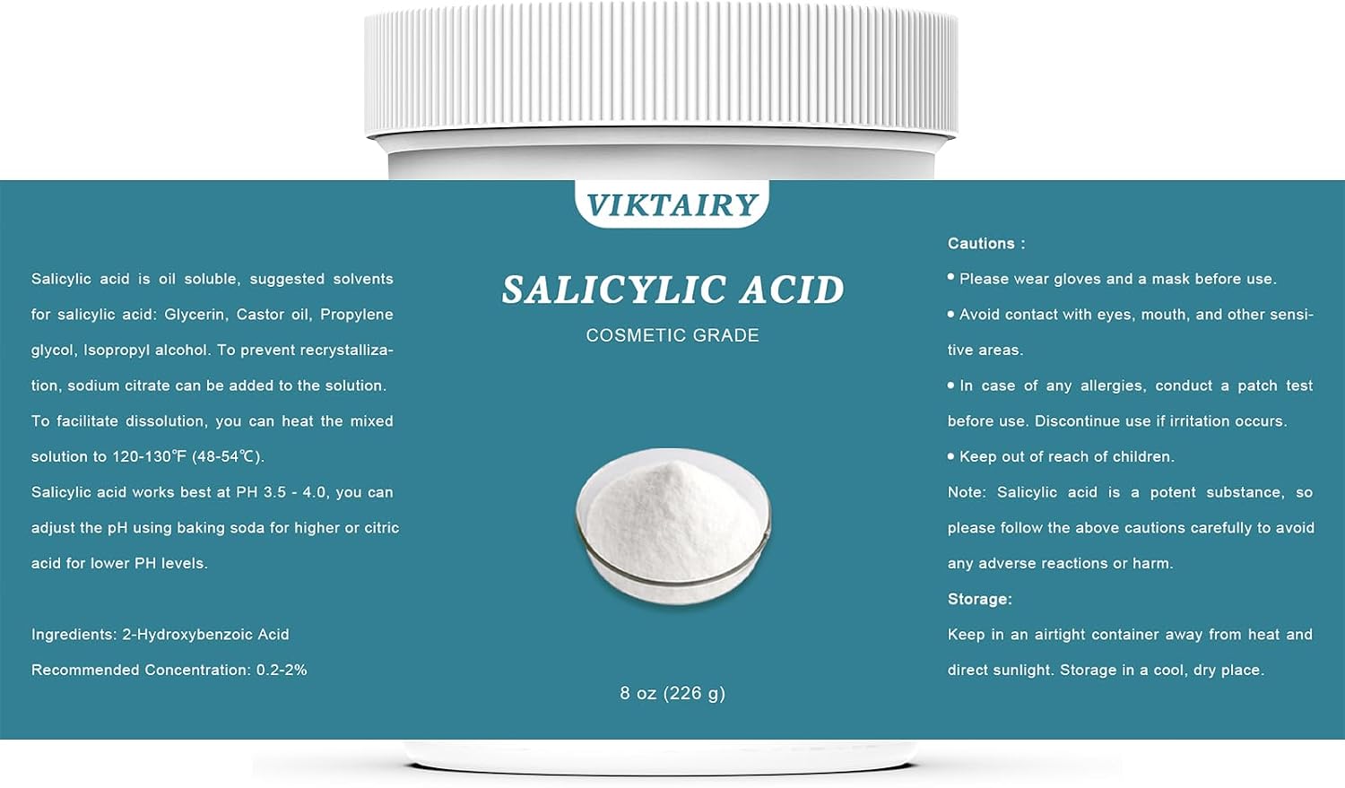 Pure Salicylic Acid Powder (8 oz), Cosmetic Grade Original Ingredients with no Additives, BHA Exfoliant for DIY Cleanser, Toner, Shampoo, Body Wash, Lotion