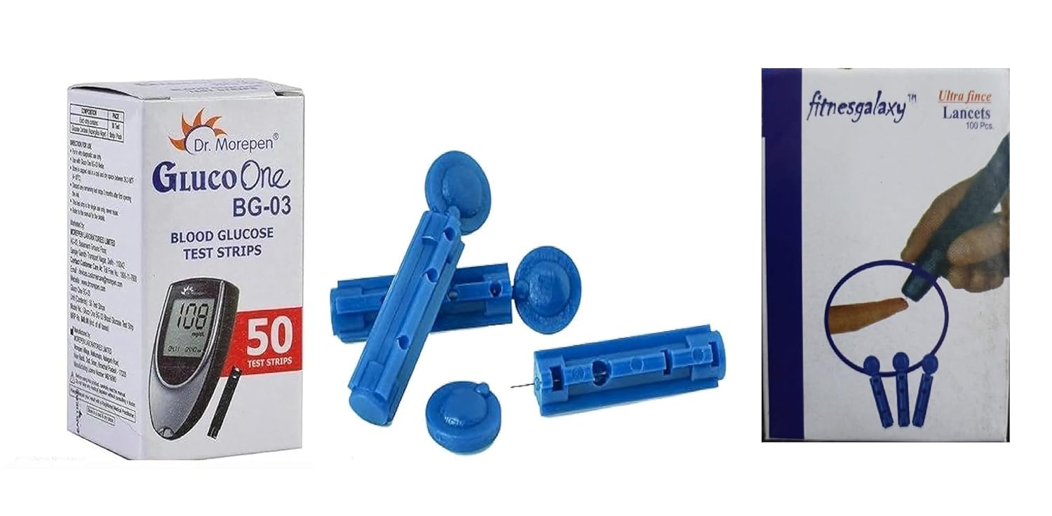 Fitnesgalaxy 100 Round Lancets with DR. MOREPEN BG03, 50 Test Strips