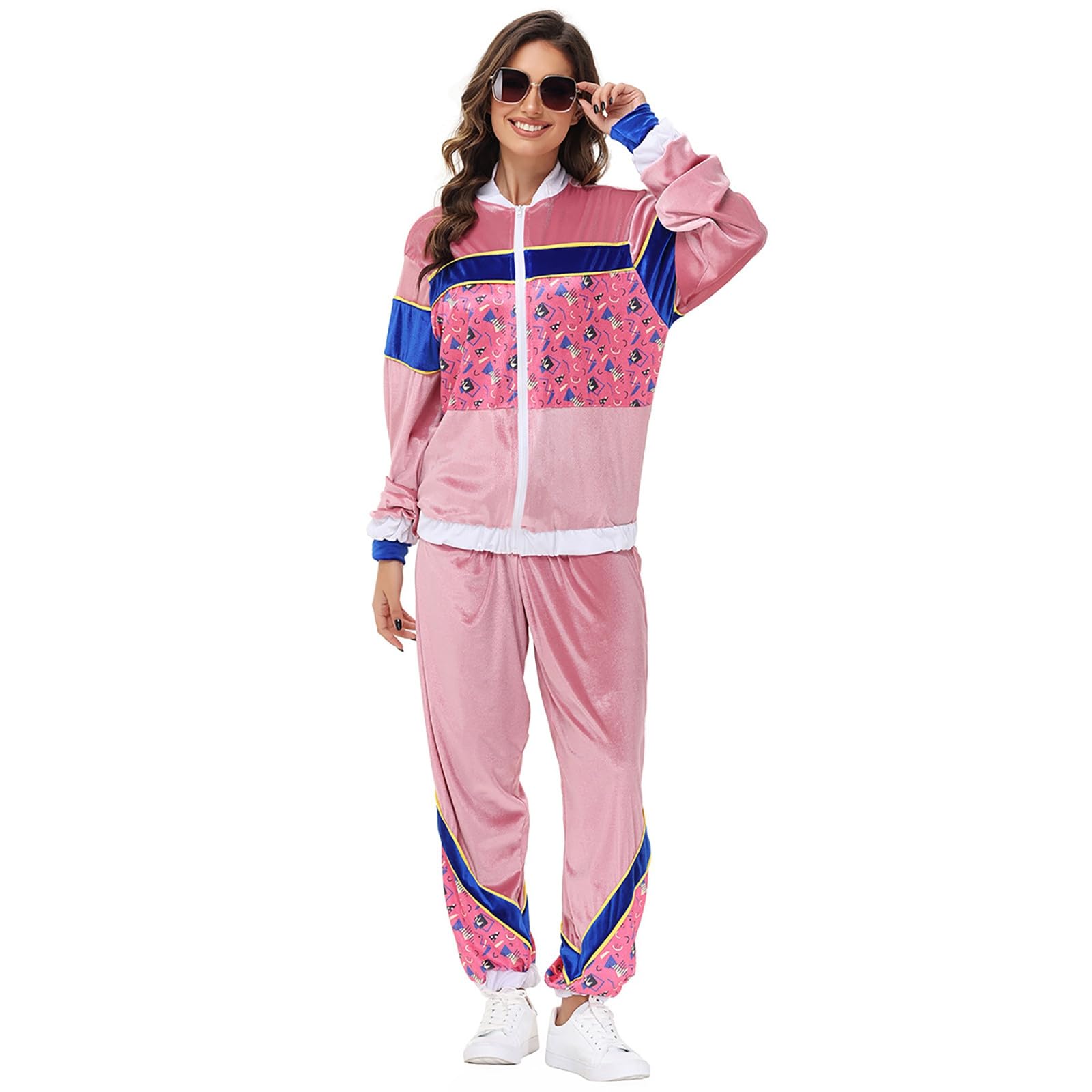 Generisch Faschingskostüme Damen Retro Disco Set 2Pcs, Jacke, Hose Karnevalskostüm Samt Bunt mit Reißverschluss Fasching Kostüm 70Er Party Outfit Lustig Tanzparty