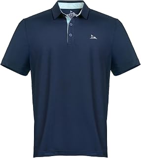 Men’s Performance Polo – Navy with Light‑Blue Trim, Moisture‑Wicking, Wrinkle‑Resistant, Shrink‑Free & UPF 50+