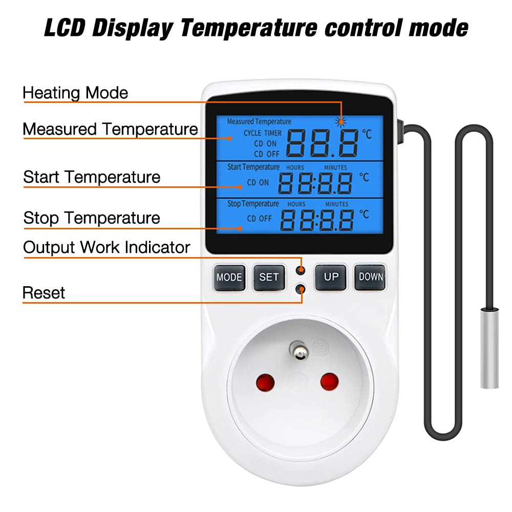 Thermostat Prise 220V pour Terrarium, avec Sonde, Régulateur de Température Numérique pour Chauffage et Refroidissement (Lumière Bleue)