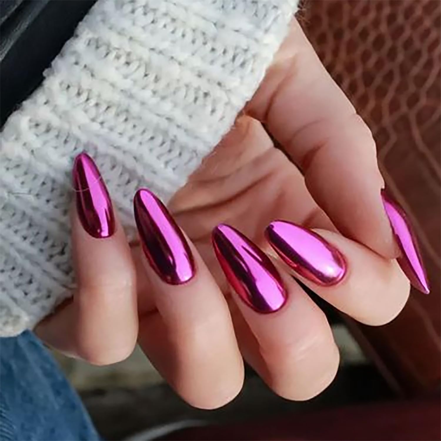 24 Pcs Purple Chrome Press on Nails Almond Medium Fake Nails with Nail Glue Nude Full Cover False Nails Holiday Nails Press ons Natural Reusable Stick