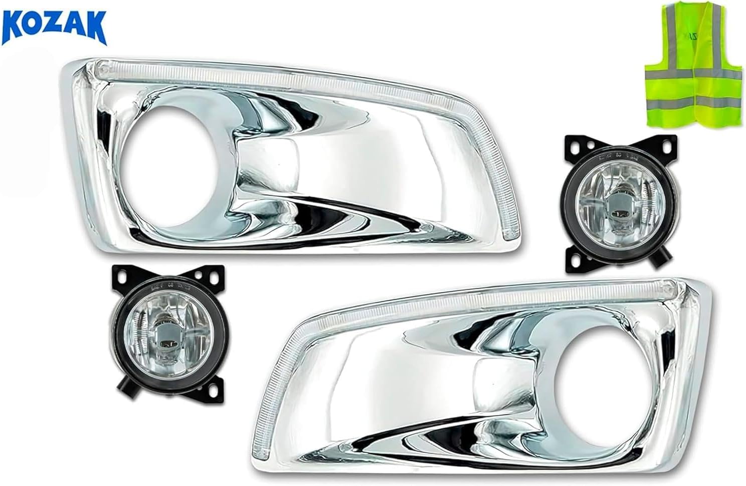 KOZAK Chrome Plastic Fog Light/Lamp Bezels with Built-in LED Light Strip and Fog Lights Lamp, Set for Right Passenger and Left Driver Side, Compatible with Kenworth T660, Includes Logo and Vest