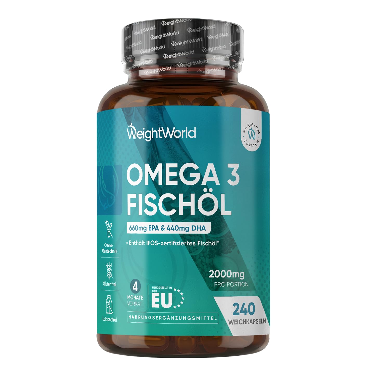 WeightWorld Omega 3 Weichkapseln - 2000mg Fischöl - 660mg EPA & 440mg DHA | 1100mg Omega 3 pro Portion, 240 Omega 3 weich Kapseln, Fish Oil, 2 Weichkapseln täglich, Enthält IFOS zertifiziertes Fischöl