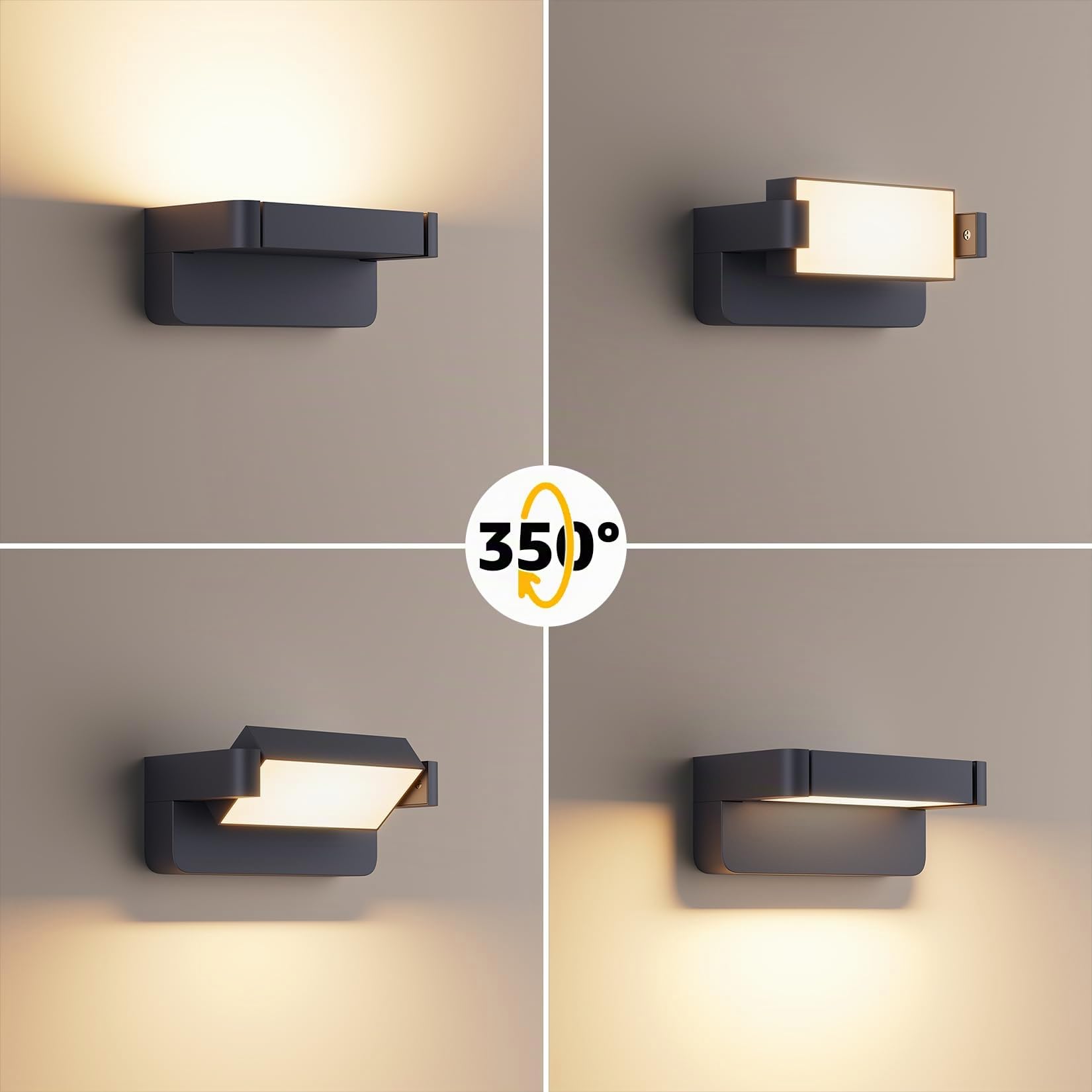Aipsun 24W LED Lámpara de Pared Exterior/Interior IP65,Antracita | Luz Ajustable (350°) | Aluminio Fundido Duradero para Entrada, Jardín, Terraza, Garaje | Blanco Cálido 3000K | Moderno Diseño