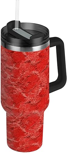 Botella de agua de acero inoxidable reutilizable al vacío de color rojo vintage con tapa de pajilla, taza de café decorativa con tapa y asa para el