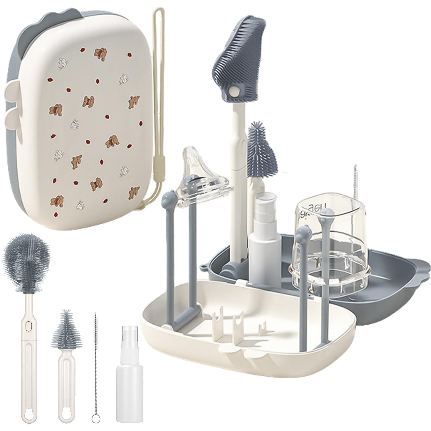 FHISKUNYU Goupillon Biberon Bébé Portable – Ensemble 7-en-1 avec Boîte de Rangement, Brosse Biberon, Brosse à Tétine 3D, Brosse à Paille, Égouttoir