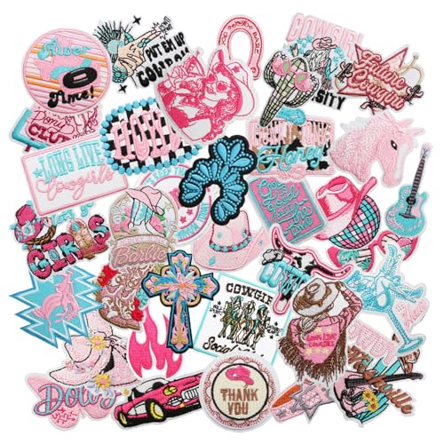 Nicime 36pcs Cowgirl Iron/Sew on Patches, Fashion Y2K Embroidered Applique, Cool Cute Decoration Stickers for Clothes, Hat, Bag, Shirt, Jeans, Dress (Style C)