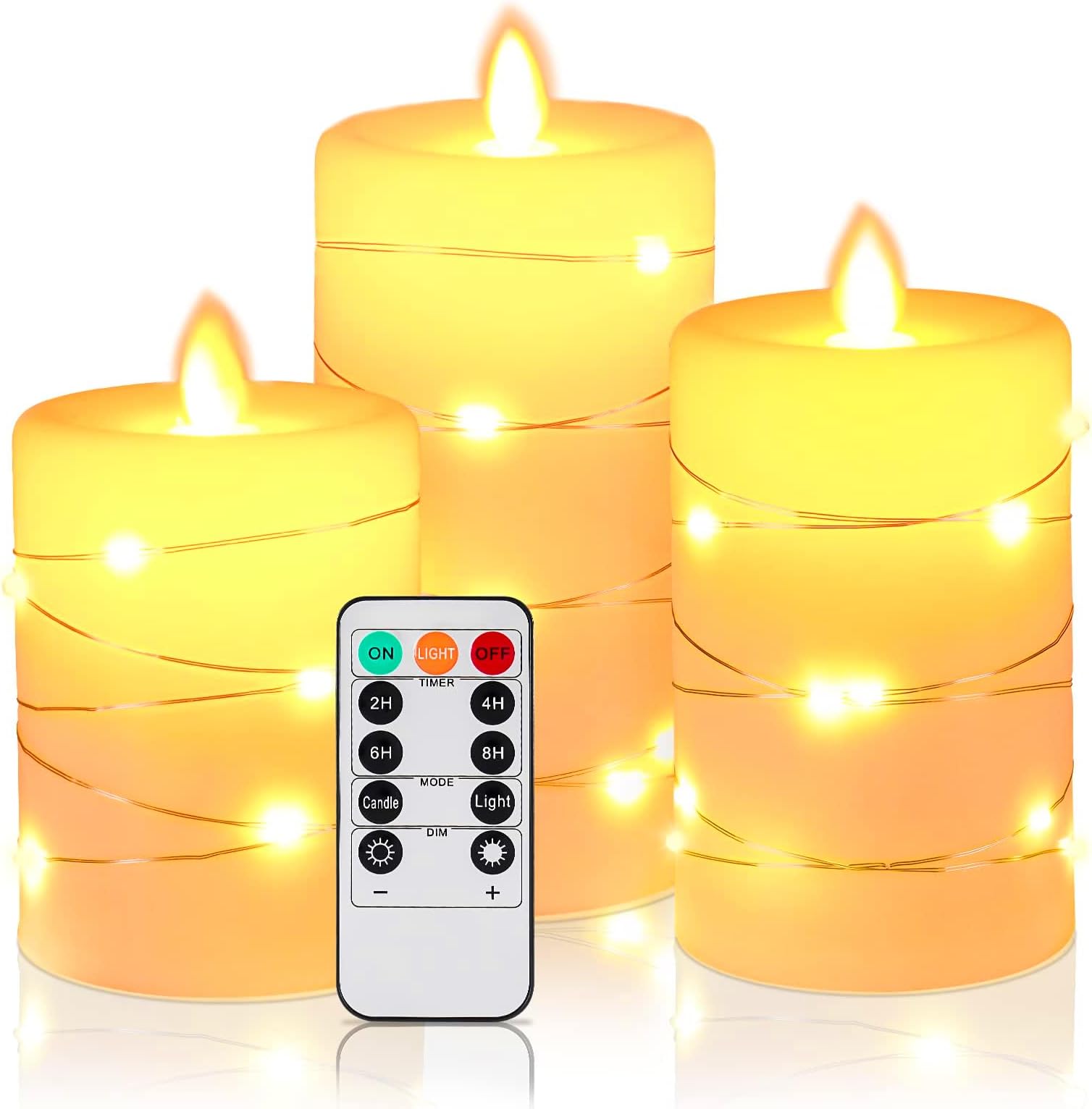 LED Flameless Candle, LED Candles with Embedded String Lights, 3 Pack Battery Operated Candles with Remote Control, 24-Hour Timer Function, Dancing Flame, Real Wax