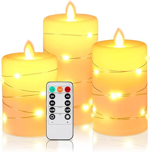 Vela LED sin llama, velas LED con cadena de luces integradas, paquete de 3 velas a pilas con control remoto, función de temporizador de 24 horas,