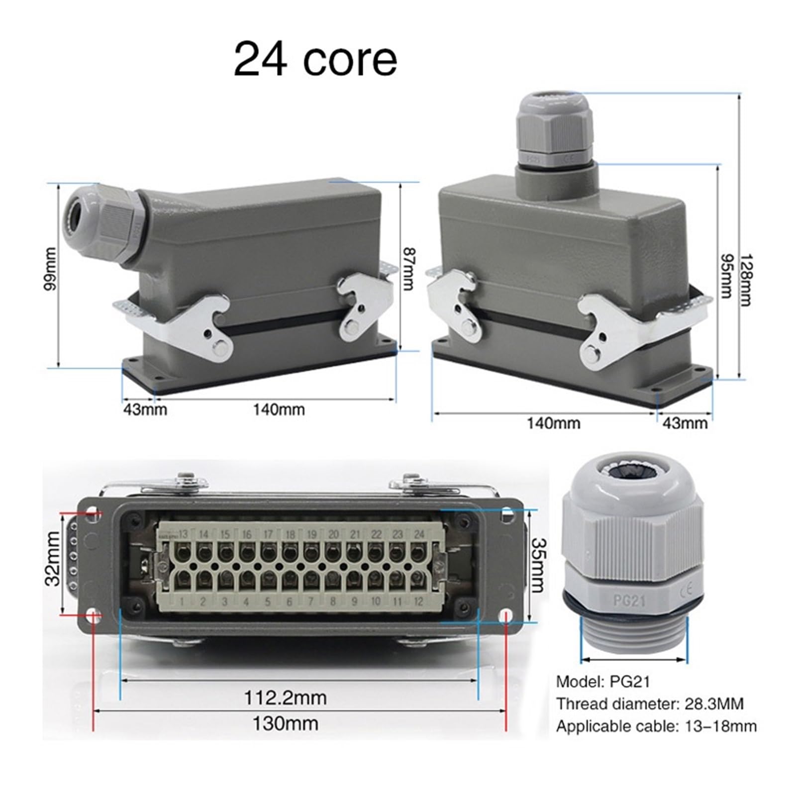 Connecteur rectangulaire robuste HDC-HE4 6 10 16 20 24 32 48 broches 16 A ligne latérale (ligne latérale à 32 noyaux)