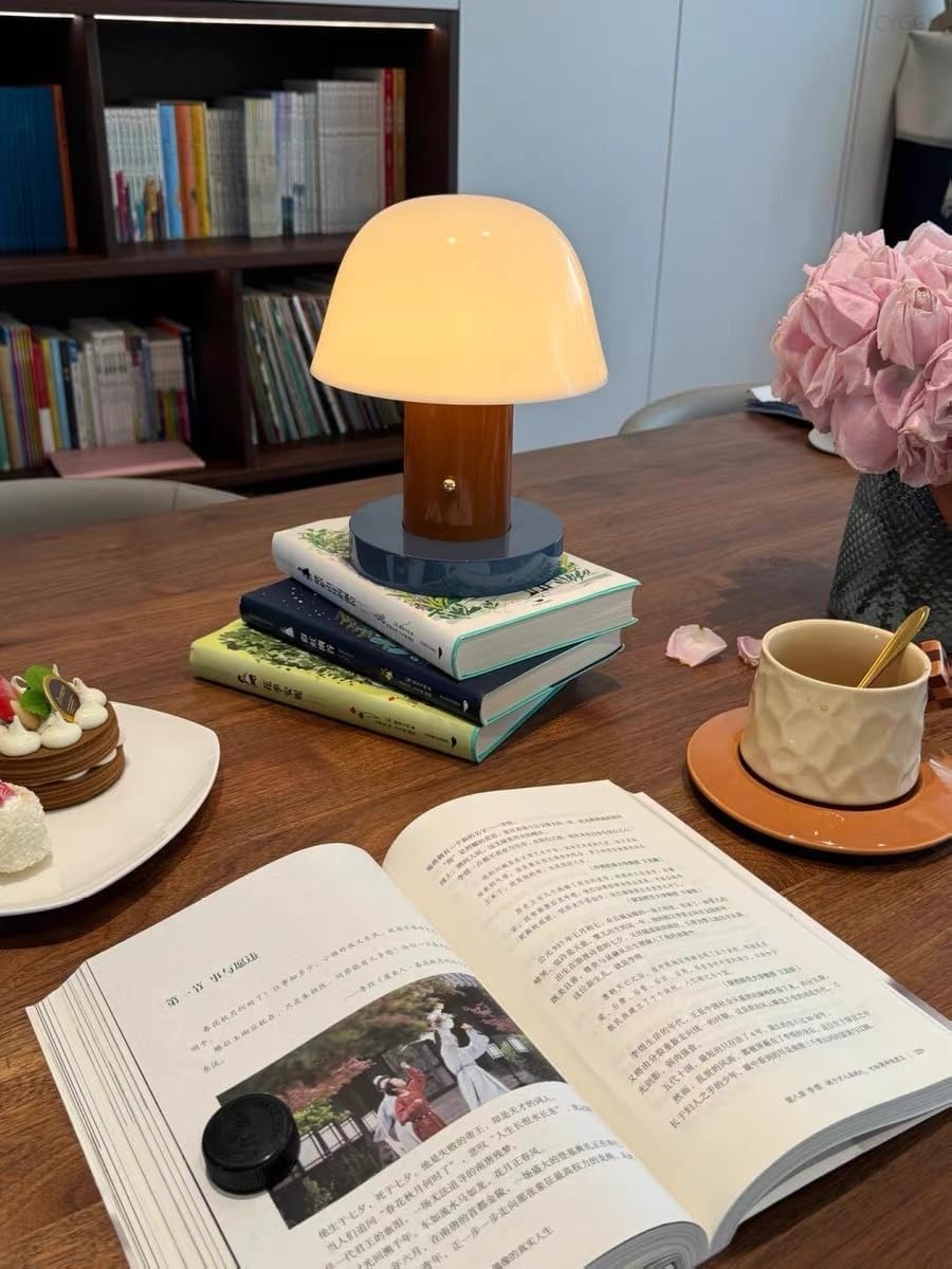 Mushroom Table Lamp Modern Dimmable Night Light Cordless Touch Rechargeable Desk Lamp Nordic Minimalist Retro Nightstand Bedside Lamps for Bedroom Living Room(Brown Red)