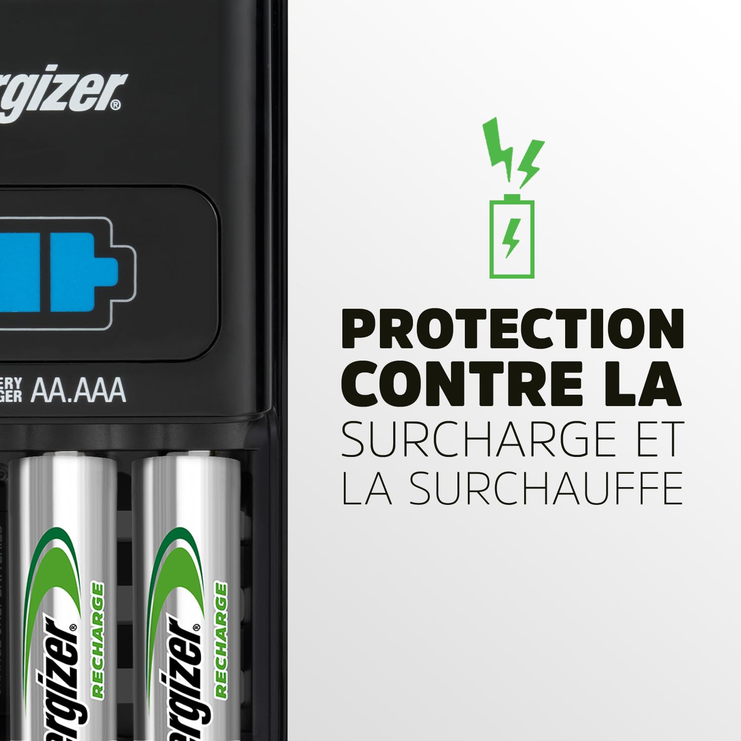 Energizer Recharge - Piles Rechargeables avec Chargeur Express - Charge complète en 1 Heure ou Moins - Compatible NiMH AA et AAA - 4 Pile AA 2300 mAh incluses