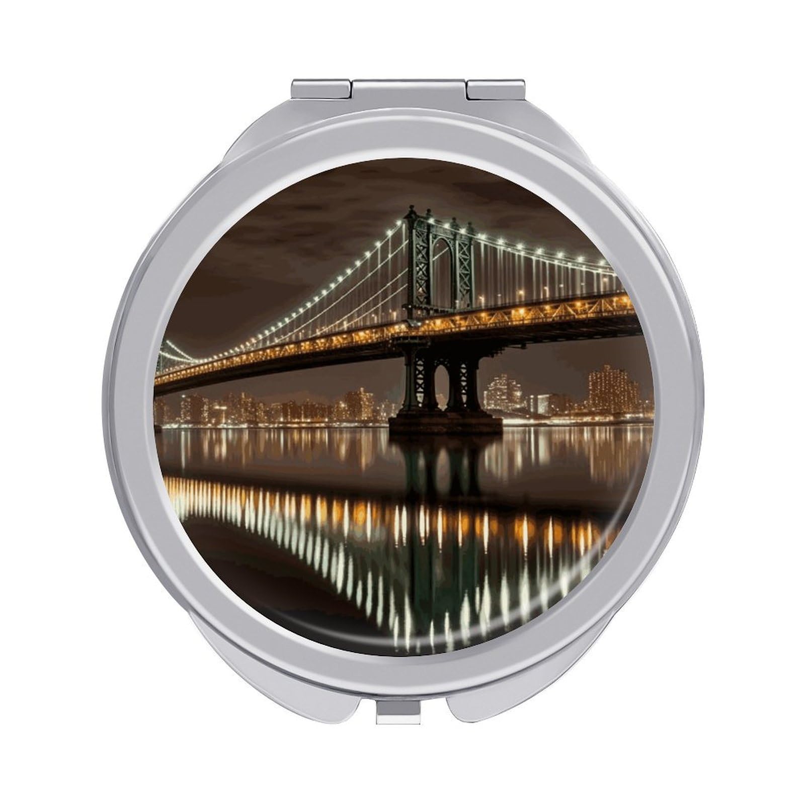 Fekiloot Style New York Manhattan Bridge Night Travel Makeup Mirror Handheld Compact Mirror Portable Pocket Mirror Double-Sided 1X/2X Magnifying For Handbag And Purses