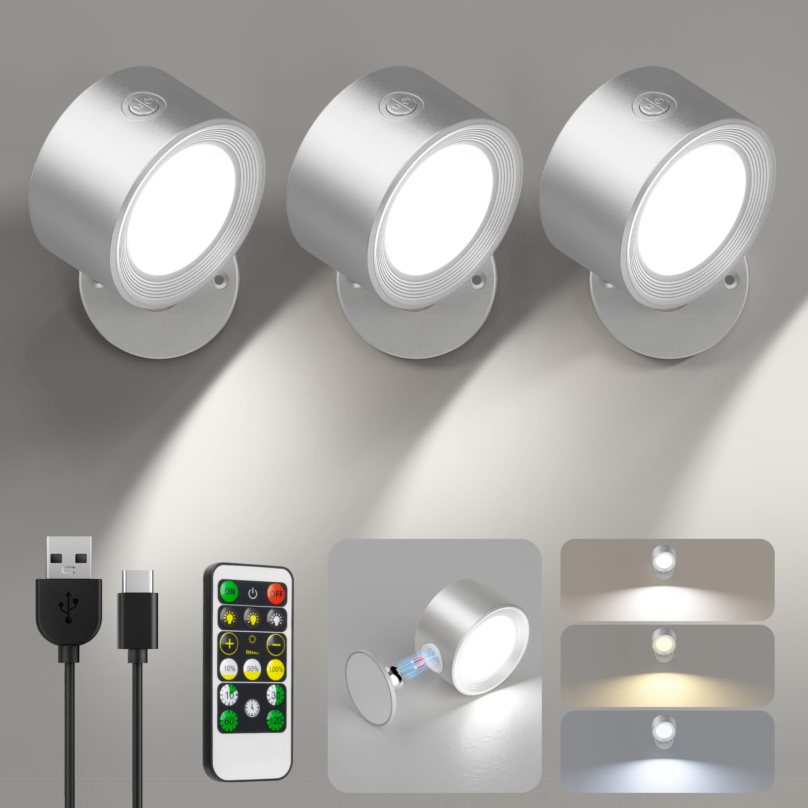 Racokky LED Wall Mounted Reading Light, Rechargeable Wall Sconces & Remote
