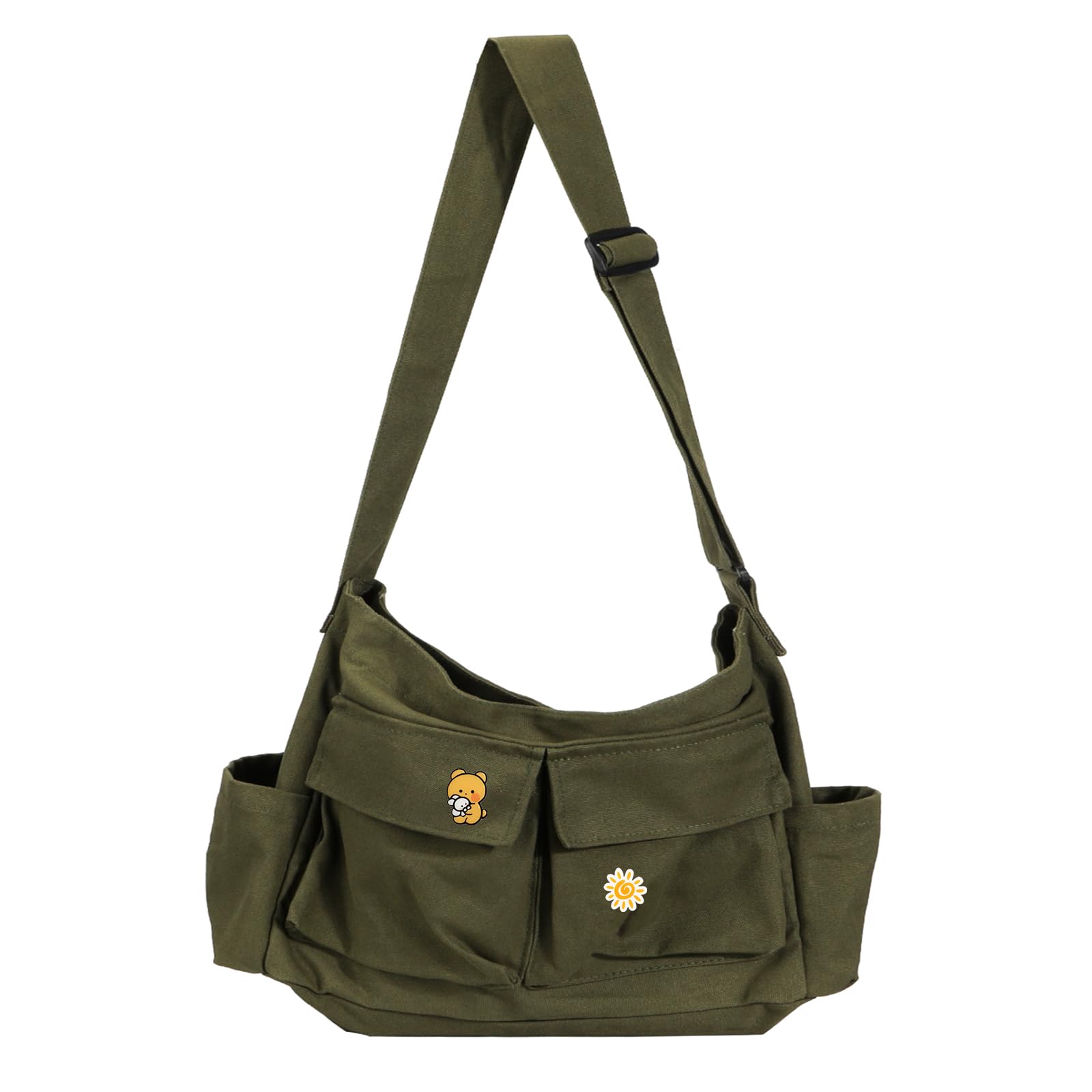 Vintage Canvas Crossbody Messenger Bag with Multiple Pockets and Hook-and-loop Closure Ideal for School